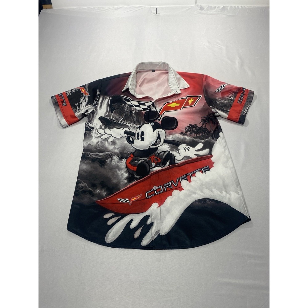 Mickey Mouse Corvette Button Up Shirt Mens S Red All Over Print Graphic Camp